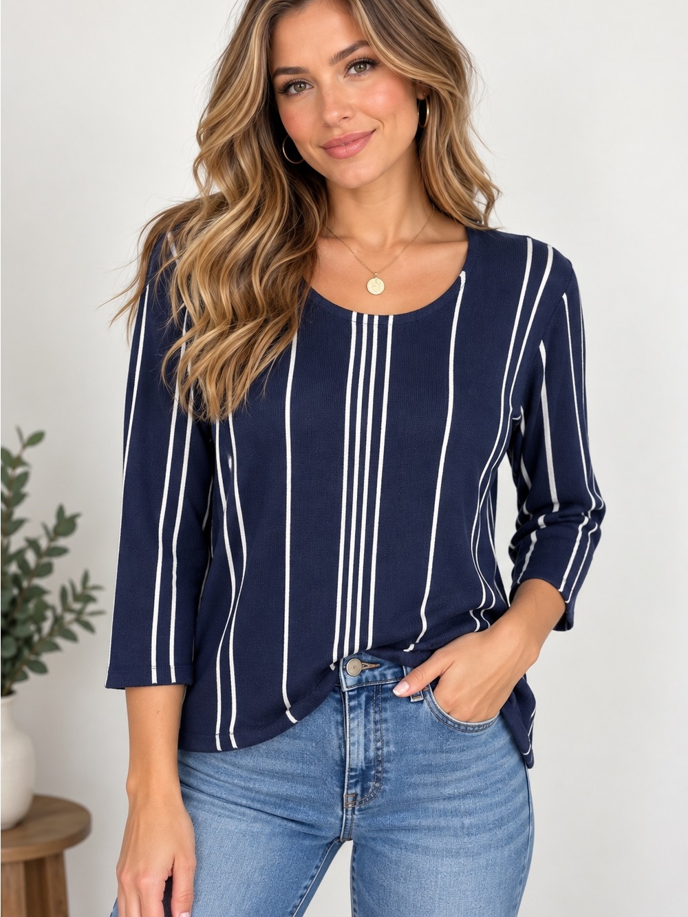 Allison Daley Navy and White Vertical Stripe Scoop Neck Top Sweater Size M/L